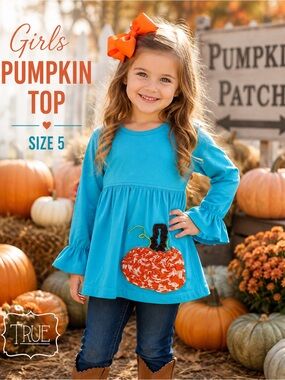 Boutique Pumpkin Appliqué Shirt Girls Size 5 Blue Ruffle Sleeve Fall